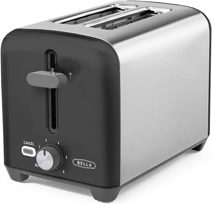 bella 2 Slice Toaster Quick &amp Even Results Every Time Wide Slots Fit Any Size Bread Like Bagels or Texas Toast Drop-Down Crumb Tray for Easy Clean Up Stainless Steel and Black