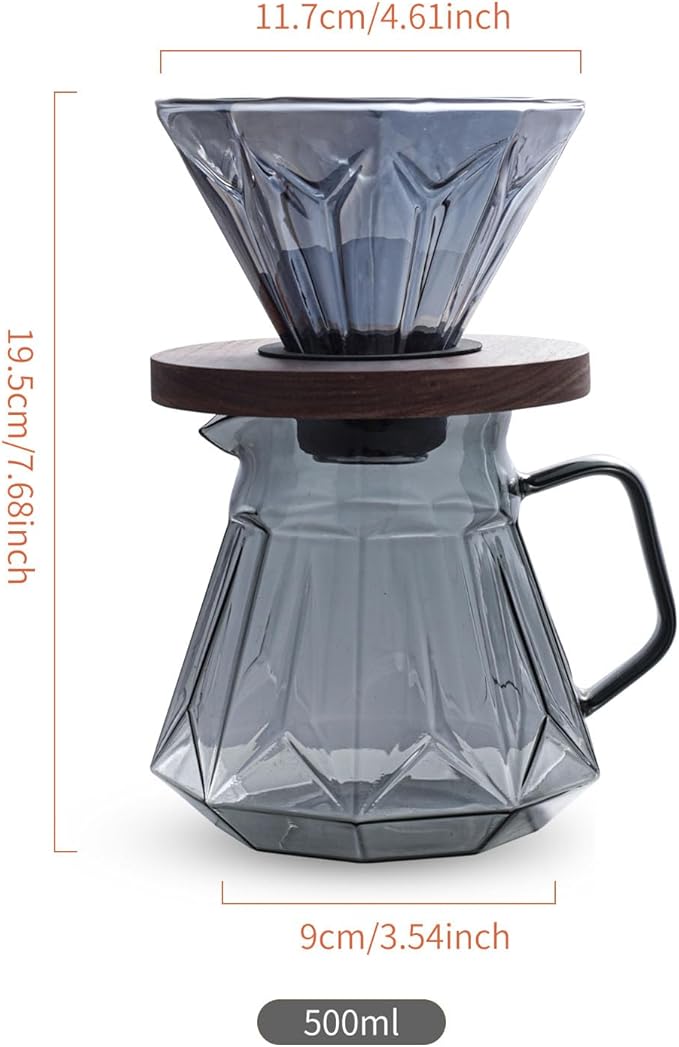 Pour Over Coffee Maker Set 21 oz/620ml Glass Pour Over Coffee Dripper Filter Coffee Maker Kit Manual Grinder with Walnut Handle for Home Office Cafe Restaurant Camping (Grey)