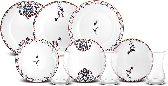 Karaca Nakkas 18 Piece Turkish Teacups &amp Appetizer Plate Set for 6 People - Colorful Dessert Plates (7.4) Small Turkish Tea Glasses with Saucers - Glass Tea Cups &amp Porcelain Dish Set