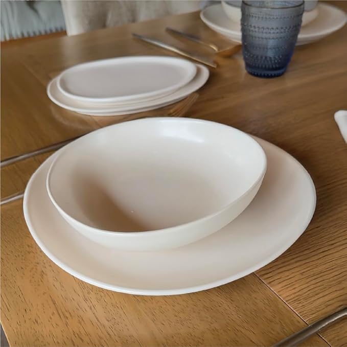 Artesa Ceramic Dinnerware Set White Matte 4-Piece Place Setting with 10.8 Dinner Plate 8.2 Bowl Cup and Saucer Handmade Microwave Safe