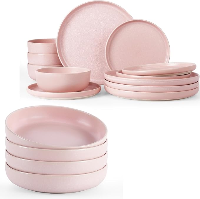 Famiware Milkyway Plates and Bowls Set 12 Pieces Dinnerware Sets and 4 Pieces Pasta Bowls Double Reactive Glaze Sturdy &amp Stackable Stoneware Dishes Set for 4 Light Pink