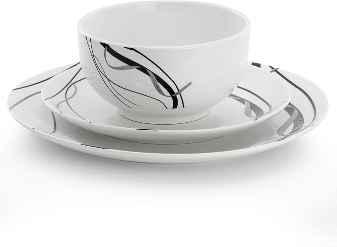 Elama Sarah 12 Piece Porcelain Black Ribbon Dinnerware Set Service for 4 in White and Black