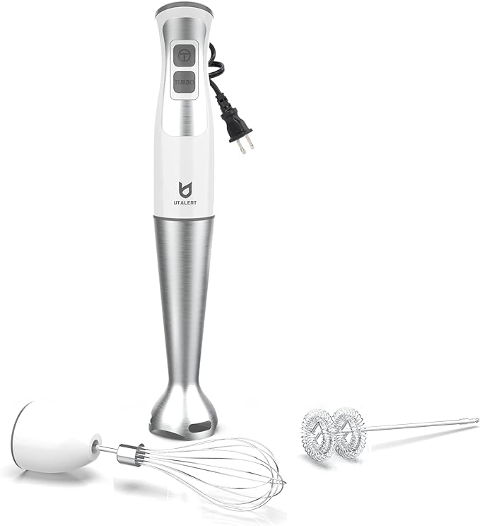 Immersion Hand Blender UTALENT 3-in-1 8-Speed Stick Blender with Milk Frother Egg Whisk for Smoothies Coffee Milk Foam Puree Baby Food Sauces and Soups - White