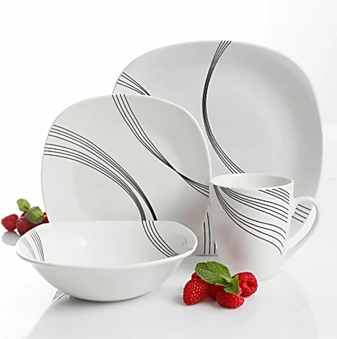 16-Piece Soft Square White Dinnerware Set – Modern Fine China Dish Set with Black Linear Design Service for 4
