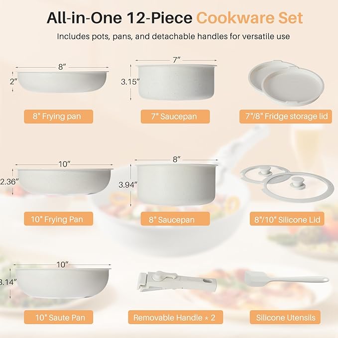 12 PCS Pots and Pans Set Non Stick Kitchen Induction Cookware Oven-Safe Stackable RV Cookware with Detachable Handle