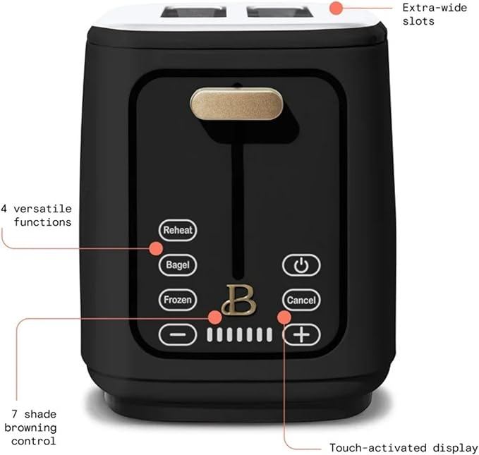 2 Slice Digital Toaster with Touch Control Panel Adjustable Toast Shade Settings Wide Bread Openings Bagel &amp Frozen Modes Removable Crumb Tray (Black)