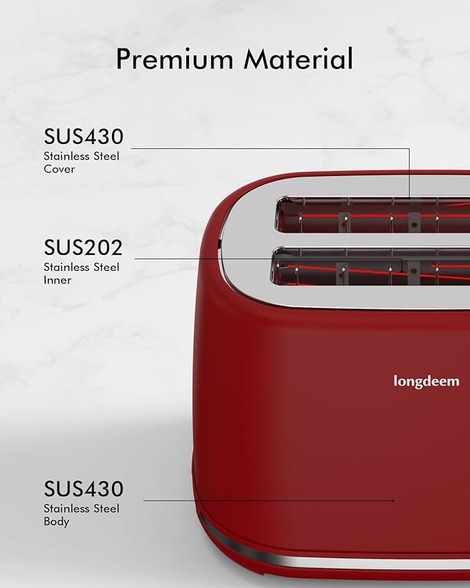 LONGDEEM LD-T7014D - 2 Slice Toaster - Extra Wide Slots 6 Browning Settings Removable Crumb Tray Red