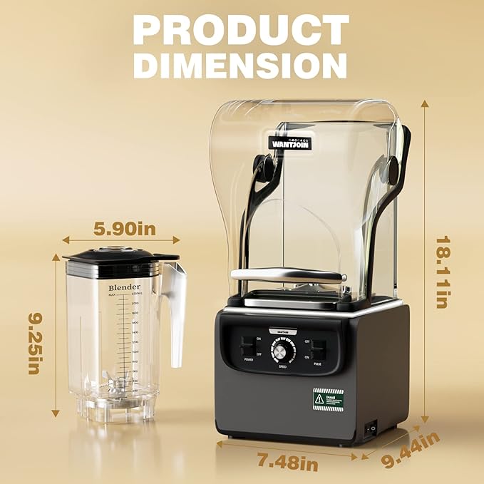 Wantjoin Commercial Quiet Blender for Kitchen Smoothie Protein Shake Licuadora Countertop Professional Electric Food Machine for Puree Milkshake Juice Drink and Ice with Silent Cover 2200ml 1800W