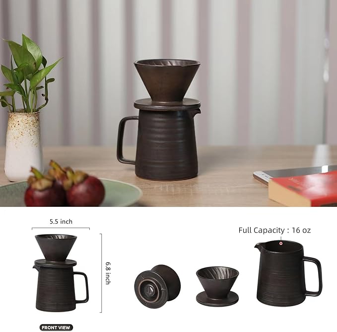 Stoneware Handmade Pour Over Coffee Maker Set Ceramic Coffee Brewer Hand Drip Cone Dripper &amp Coffee Pot Microwaveable Decanter Retro Metallic Glaze 16oz