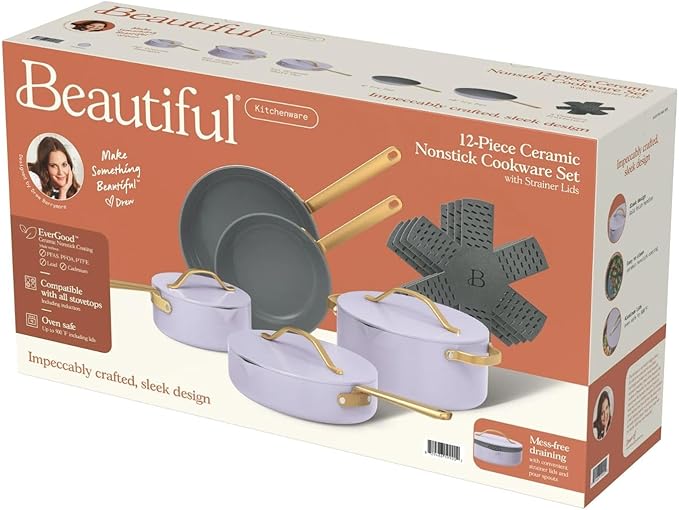 Pans 12pc Ceramic Non-Stick Cookware Set by Drew Barrymore Pots &amp Pans with Lids Dishwasher‑SafeSoft‑Touch Handles Even‑Heat Base. (Lavender)