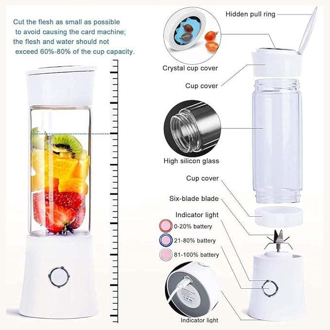 Portable Blender Smoothie Juicer Cup - Six Blades in 3D 480ml Fruit Mixing Machine with 4000mAhMixer Fruit Rechargeable Personal Size USB Home Jucie Blender Bottles (Color : Blue)