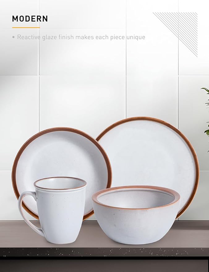 Table 12 Maldan Stoneware 16-Piece Dinnerware Set Service for 4 Coupe Shaped Dinnerware Reactive Glaze Off-White with Coffee Brown Rim Plates and Bowls Sets Dishwasher and Microwave Safe TD16YN