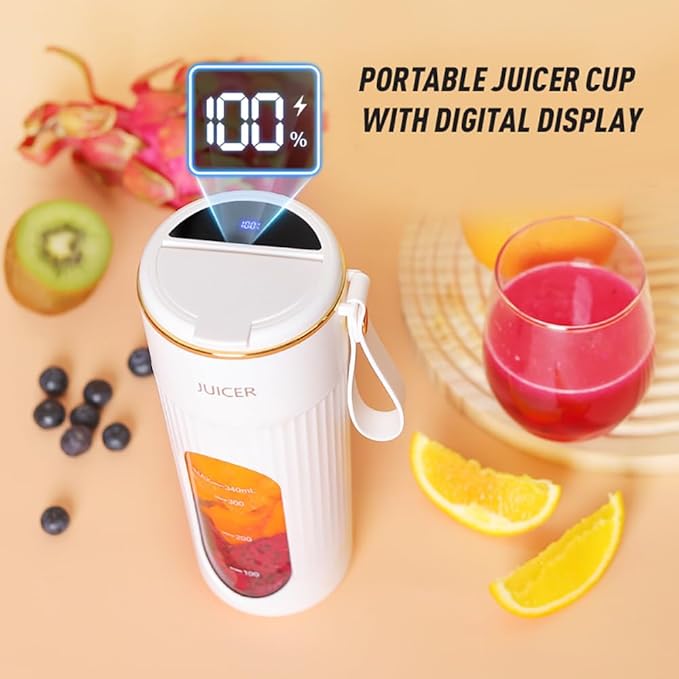 Personal Blender for Smoothies and Shakes12oz Cordless Juice Blender with 14 BladesPortable Juicer Cup with Digital DisplayUSB Rechargeable for Kitchen Office Gym Travel (White)