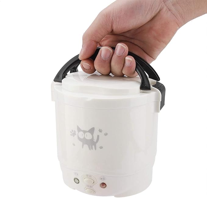 Mini Rice Cooker 1L 12v Portable Rice Maker Electric Lunch Box for Car Food Steamer Fast Cooking Automatic Non Stick Pot for Travel Camping Cooking Soup Grain Oatmeal Veggie Stews(White)