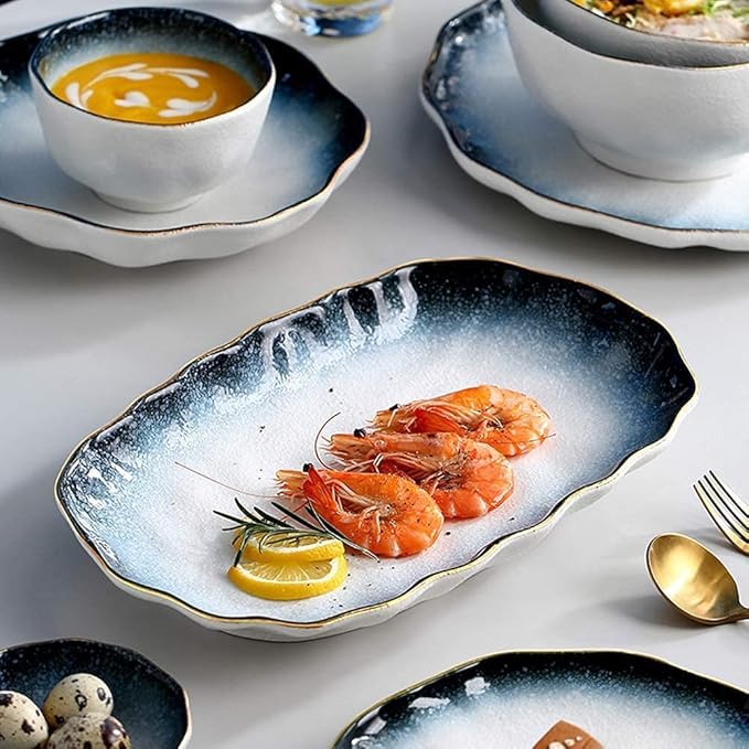 Palace Style Porcelain Dinner Set Plates Bowl Ceramic Dinnerware Set 32 Piece Blue Gradient Snowflake Glaze Porcelain Dish Cereals Bowl Tableware Set