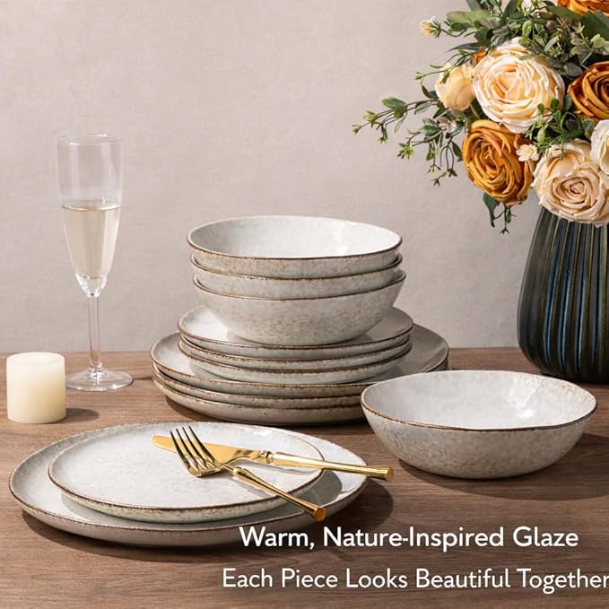AmorArc Ceramic Dinnerware SetsHandmade Reactive Glaze Stoneware Plates and Bowls SetsHighly Scratch Resistant | Dishwasher &amp Microwave Safe Dishes SetService for 4 (12pc)