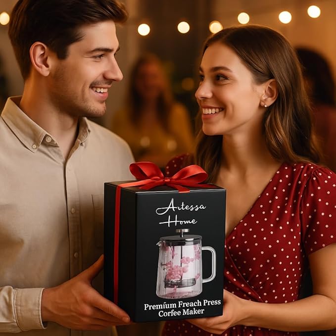 Glass French Press Coffee Maker 22oz (Pink Floral) – Double-Wall Borosilicate Ribbed Coffee Press with Stainless Steel Filter Manual Coffee Brewer &amp Tea Press