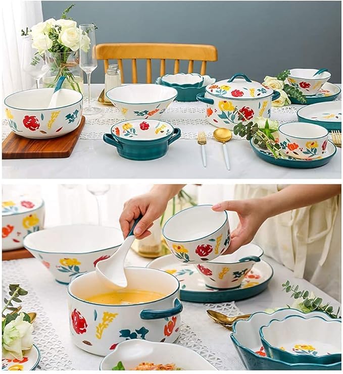 Dinner Set for Luxury Restaurant and Home Ceramics Dinner Sets Bowl &amp Soup Pot &amp Plate | 26 Pieces French Retro Style Porcelain Dinnerware Set
