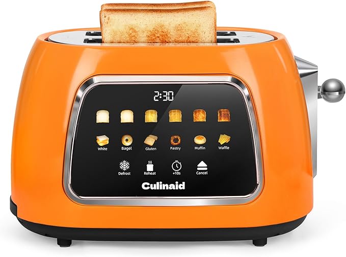Toaster 2 Slice Smart Touch Screen Retro 1.5'' Extra Wide Slot Stainless Steel Digital Bread Toaster with Memory Function Bagel Defrost 6 Browning Level and Removable Crumb Tray Orange