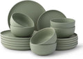 JoyJolt Mesa Stoneware Dinnerware Set 18-Piece Plates and Bowls Sets Includes Dinner - Salad and Cereal and Soup Bowls Modern Farmhouse Matte Sage Green Dish Set for 6