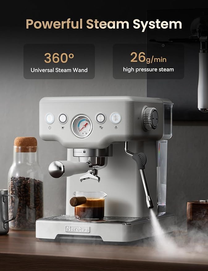 Neretva 1450W Stainless Steel Coffee and Espresso Maker Combo &amp Milk Frothing Pitcher 12 oz Milk Hand Held Frother Steamer Pitcher Jug Cup