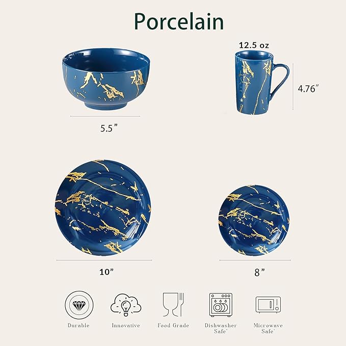 Modern Porcelain 16 Piece Blue Dinnerware SetPlates and Bowls SetsGold Dish Set for 4Blue Dinnerware SetDinner Sets with Dinner Plates.