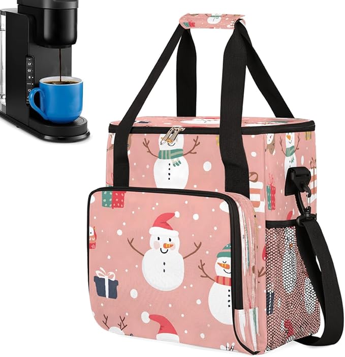 Christmas (582) Coffee Maker Carring Bag Travel Carrying Storage Tote Bag Compatible with Keurig K-Mini or K-Mini Plus Portable Single Serve Coffee Brewer Case with Pockets for K-cup Pods