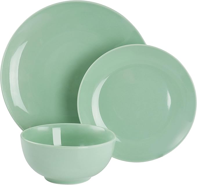 18 Piece Porcelain Dinnerware Set in Green Solid Casual Round Dishwasher Safe