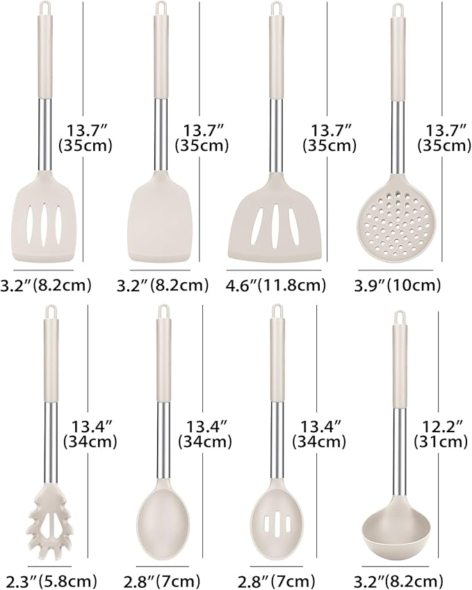 Silicone Cooking Utensil Set 8Pcs Non-stick Cookwares with Stainless Steel Handle BPA Free Heat Resistant Kitchen Tools with Spatulas Turners Spoons Skimmer and Pasta Fork (KHAKI)