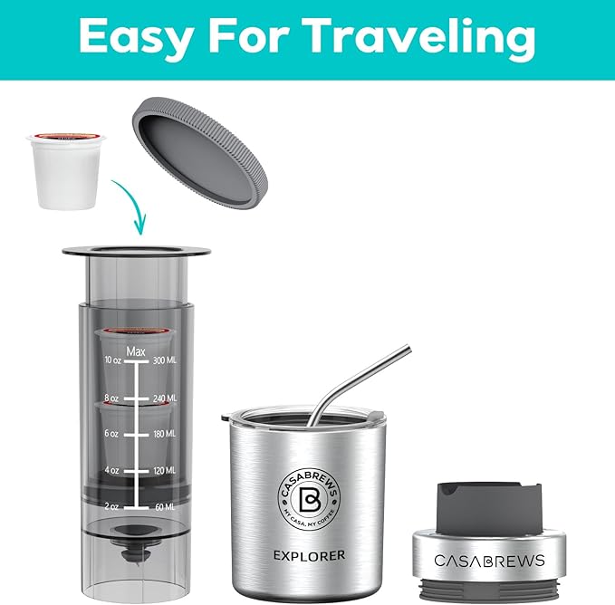 CASABREWS KP3000 Portable Coffee Maker 2 in 1 Small Travel Coffee Machine for K Cup Pod or Ground Coffee Quick Coffee Press Kit with Stainless Steel Cup Cup Lid Straw and Storage Bag