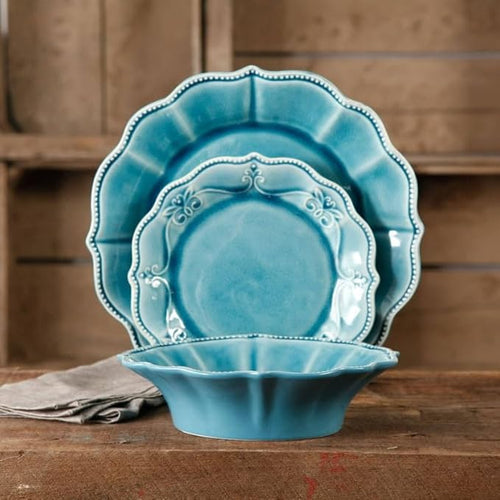 12-Piece Dinnerware Set Denim Household Plate Bowl Embossed Tableware Combination(D)