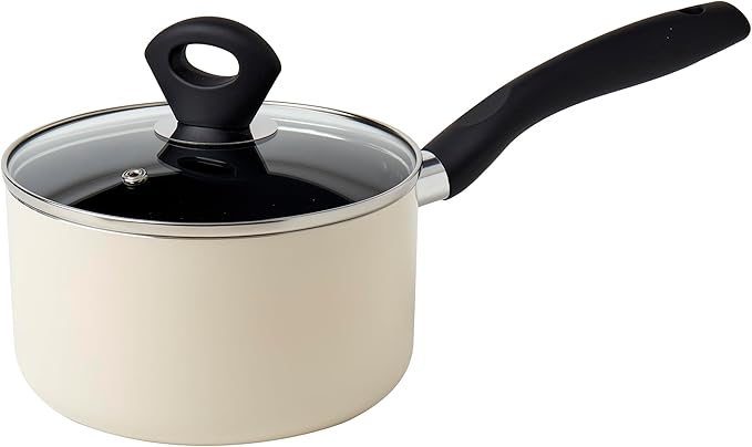 Basic Essentials 4-Piece Nonstick Aluminum Starter Cookware Set Fry Pan Skillet Saucepan Pot with Glass Lid and Nylon Spatula Turner Cream White