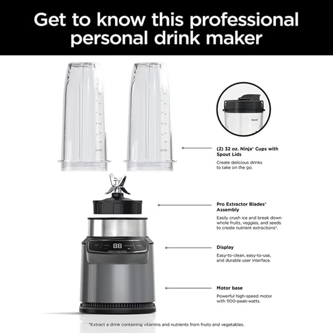Personal Blender 1100W Auto-iQ Technology 24oz Cups with Spout Lids Pro Extractor Blades BPA-Free