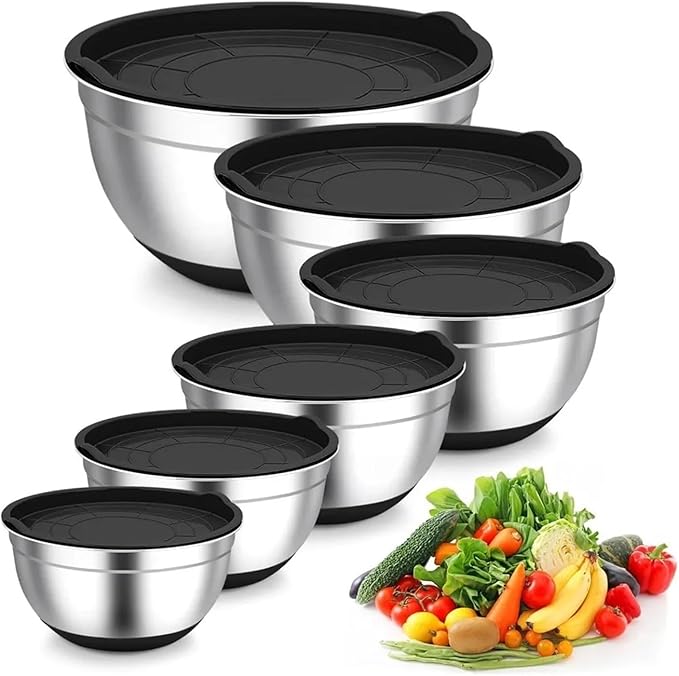 Silicone Bottom Thickened With Lid Cooking Basin Non Slip Salad Mixing Stainless Steel Egg Beating Bowls Kitchen Tools(14cm black)