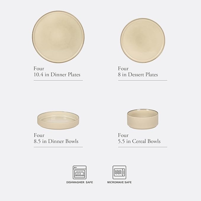 Gibson Elite Liberty Bay 16-Piece Pottery Clay Stoneware Dinnerware Set – Taupe Reactive Glaze Stackable Plates and Bowls W/Pasta Bowl Service for 4 – Microwave &amp Dishwasher Safe