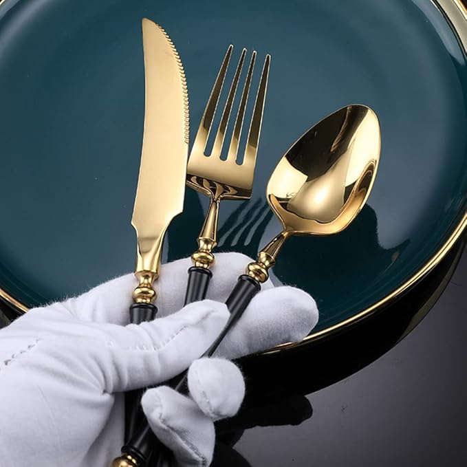 Black Gold Silverware Set for 16 Modern 80 Piece Flatware Cutlery Utensils Set Durable 18/10 Stainless Steel Include Knives Forks and Spoons Tableware Set for Home Kitchen Wedding Mirror Polished