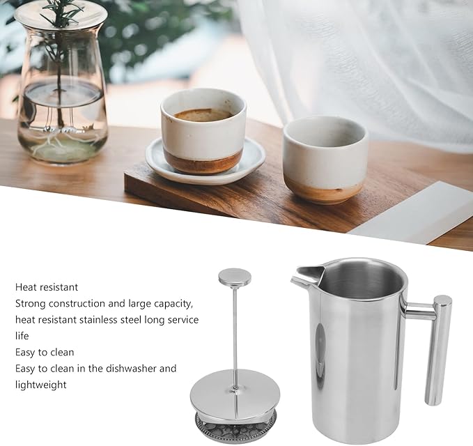 304 Stainless Steel French Press Coffee Maker Double Wall Teapot Hand Brewed Coffee Press with Filter Screen for Camping Outdoor Travel (1000ml)
