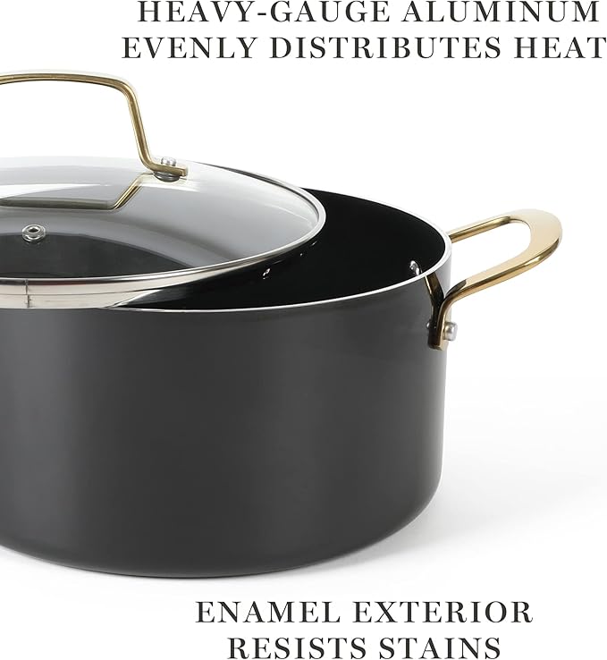 Martha Stewart Lockton 14 Piece Premium Non-Stick Heavy-Gauge Aluminum Cookware Combo Set (Pots Pans and Tools) - Black w/Gold Handles