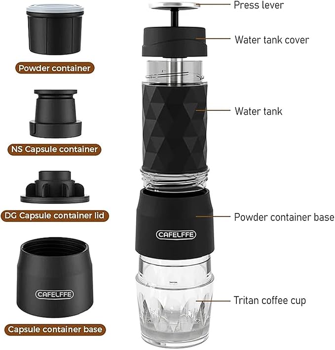 3-in-1 Portable Manual Espresso Coffee Machine 18Bar Cold and Hot Brew Mini Coffee Maker with Milk Foam Press Lever 120ml Cup Work with DG/NES Capsule and Ground Coffee