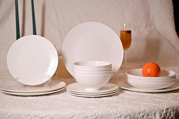 Dandilion Bone China Dinnerware Set 16 Pieces Service for 4 Plates Dishes Bowls Set Microwave and Dishwasher Safe Ivory White with Radial Lines