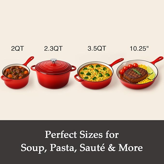 QuliMetal Nonstick Enameled Cast Iron Cookware Set 4-Pcs Pots and Pans with Lid Healthy Round Dutch Oven Pot for Sourdough Bread Baking Oven Safe up to 500° F or on All Stovetop