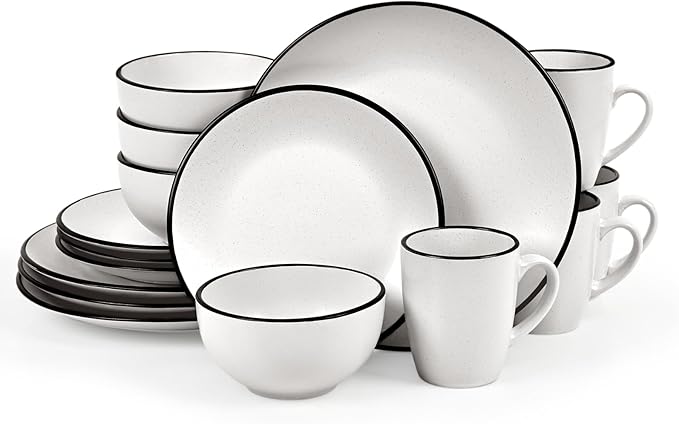 Homlouue 16 Pieces Stoneware Dinnerware Set Speckled Ceramic Plates and Bowls Mugs Sets Service for 4 Ceramic Dishes Set Microwave and Dishwasher Safe(White with Black Rim)