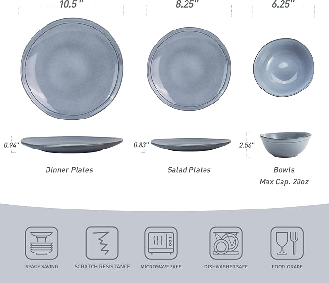 Famiware Aegean Stoneware Dinnerware Set for 8 Plates and Bowls Sets 24 Pieces Scratch Resistant Dinner Set Handmade Irregular Round Dishes - Microwave and Dishwasher Safe Blue Grey