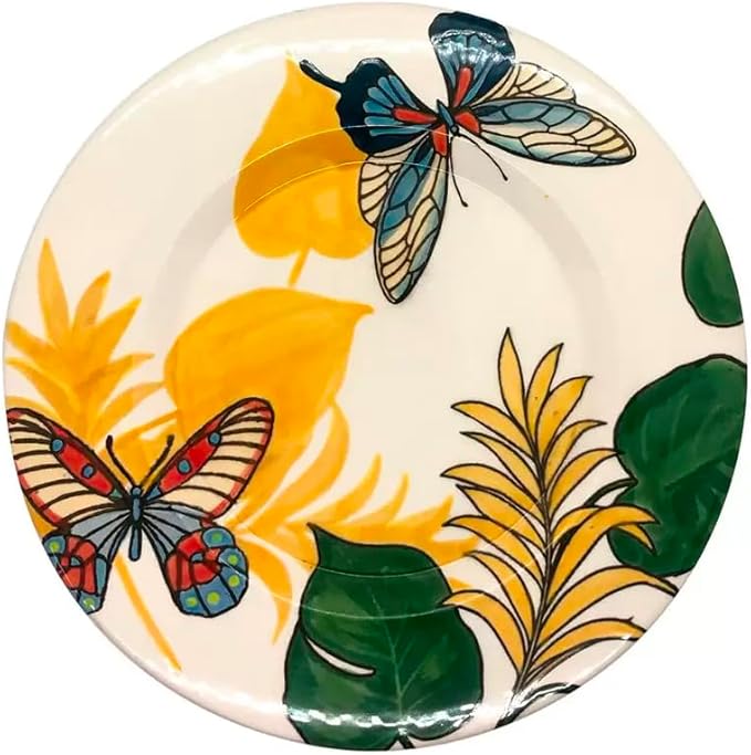 ARTESA ORGANICS BRIGHT NATURE AMARILLO Ceramic Dinnerware Set Yellow Butterfly Pattern with Tropical Leaves Handmade &amp Hand-Painted 4-Piece Collection Microwave Safe