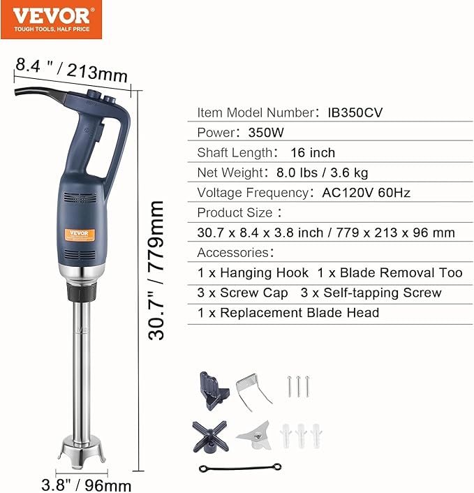 VBENLEM Commercial Immersion Blender 350W Power Hand Held Mixer with 16-Inch 304 Stainless Steel Removable Shaft Electric Stick Blender Constant Speed 16000RPM