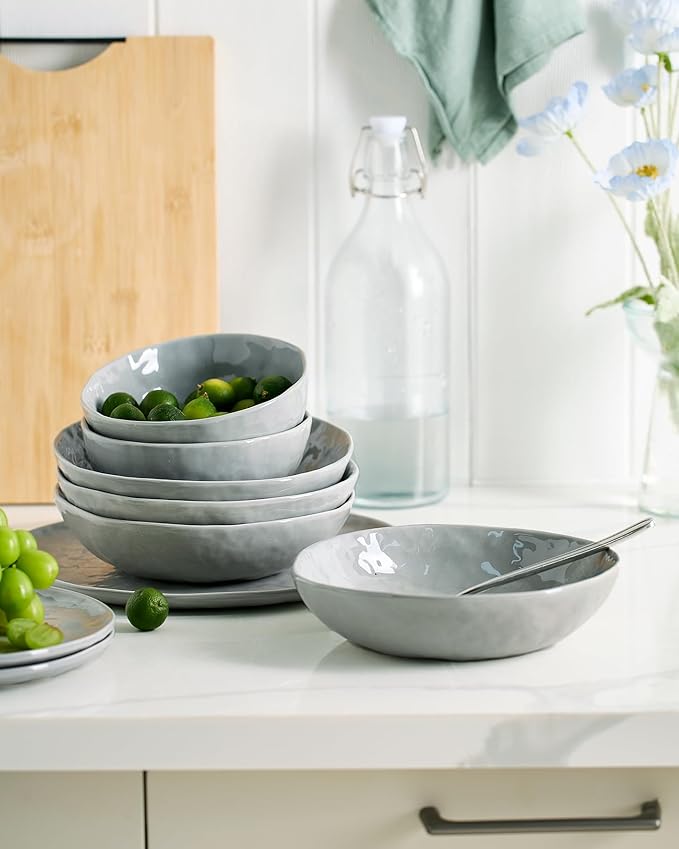 Famiware Porcelain kitchen plates and bowls set Modern dishes set for 6 Handmade Wave Edge Dinnerware Sets Microwave and Dishwasher Safe Tableware Sleek Grey (24pc)