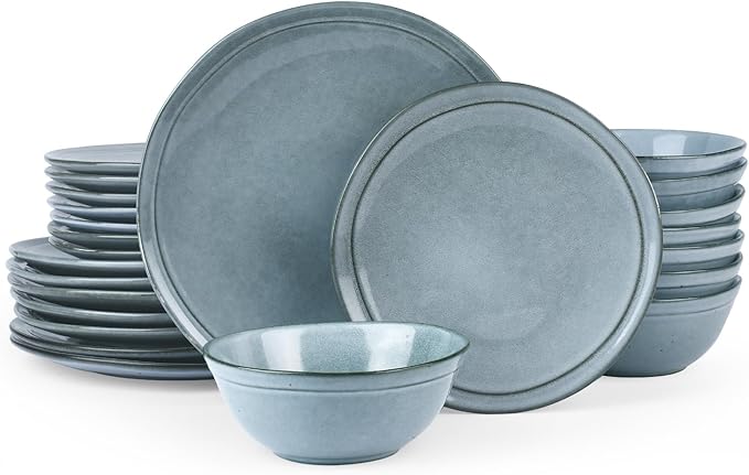 Famiware Aegean Stoneware Dinnerware Set for 8 Plates and Bowls Sets 24 Pieces Scratch Resistant Dinner Set Handmade Irregular Round Dishes - Microwave and Dishwasher Safe Blue Grey