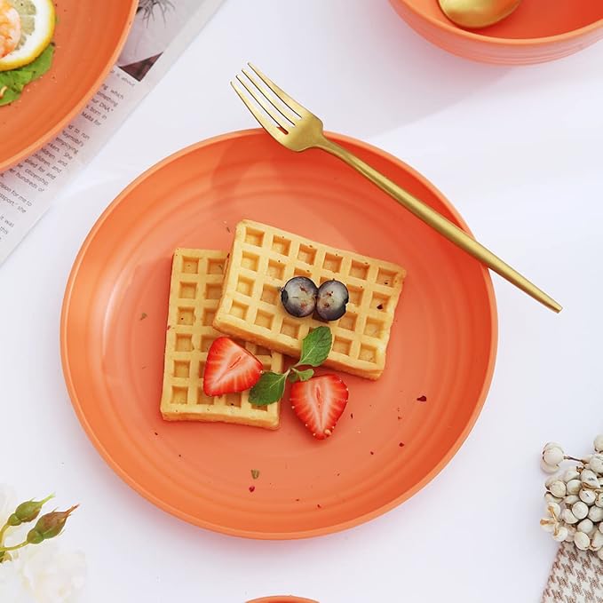 Kyraton Plastic Dinnerware Set of 16 Pieces Unbreakable And Reusable Light Weight Plates Mugs Bowls Dishes Easy to Carry And Clean Microwave Safe BPA Free Dishwasher Safe Service For 4 (Orange)