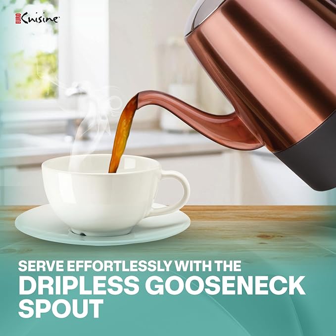 Euro Cuisine PER04 Stainless Steel Electric Coffee Percolator 4 Cup Polished Copper Finish Dripless Gooseneck Spout Clear Glass Knob Brewing Indication Keep-Warm Function Detachable Cord