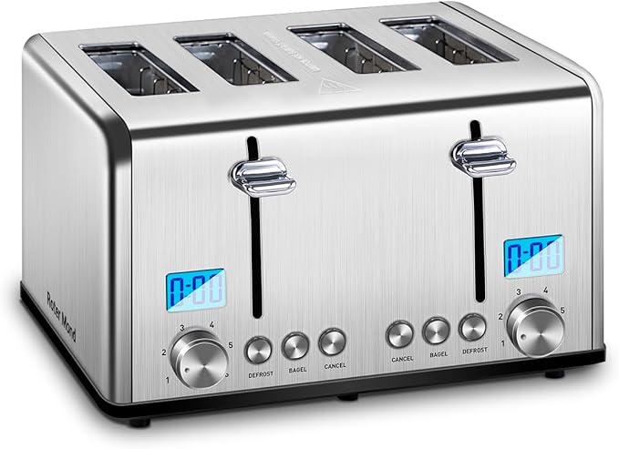 Roter Mond Countdown Stainless Steel 4 Slice Toaster with Bagel Defrost Cancel Function Dual Toaster Extra Wide Slots 6 Shade Settings Removable Crumb Trays 1650W